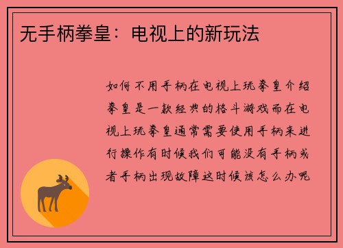 无手柄拳皇：电视上的新玩法